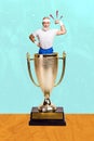 Vertical creative collage picture strong pensioner man showing muscles golden cup prize winner victory award fitst place Royalty Free Stock Photo