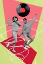 Vertical creative collage picture two happy dancing women have fun festive event party record plate music meloman