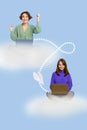 Vertical creative collage picture of two people sitting cloud paper airplane deliver wireless message netbook