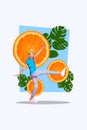 Vertical creative collage picture young happy joyful girl teen cheerful mood walking exotic citrus orange drawing
