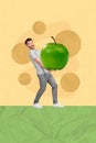 Vertical creative collage poster banner image of handsome joyful man hold big delicious healthy snack isolated on Royalty Free Stock Photo