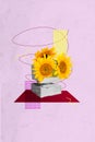 Vertical creative collage poster charming blooming flowers pc monitor vintage screen display bunch sunflowers drawing