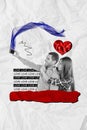 Vertical creative collage poster happy lovers couple relationship take photo selfie celebrate valentine day white Royalty Free Stock Photo