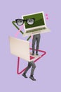 Vertical creative collage poster human legs man formalwear worker crazy looking eyes stare glasses laptop remote work