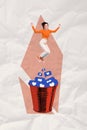 Vertical creative collage poster jumping crazy girl bucket full likes notifications popularity smm blogging