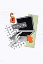 Vertical creative collage poster laptop password verification human hand hacker unlock protection data cybersecurity