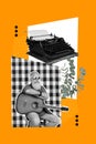 Vertical creative collage poster mature man guitarist player sitting thinking huge typing machine retro vintage culture