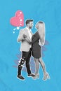 Vertical creative collage poster picture romantic couple wedding good relationship looking each other kissing blue