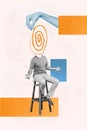 Vertical creative collage poster sitting young man confused hypnosis spiral instead head faceless propaganda concept