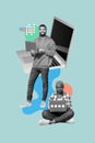 Vertical creative collage poster two colleagues remote workers cowork internet online jpb freelance communication typing