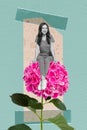 Vertical creative collage poster young girl sit flower blossom international womens day 8 march receive gift drawing