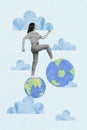 Vertical creative collage poster young happy giant girl step walk up planet earth travel agency journey vacation promo Royalty Free Stock Photo