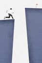 Vertical creative collage poster young running man ready jump overcome abyss reach goal target finish flag destination