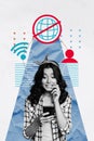 Vertical creative collage poster young worried addicted woman internet connection web net no signal user wireless Royalty Free Stock Photo