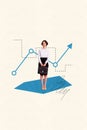 Vertical creative collage standing young cheerful woman suitcase business progress chart income growth money earning