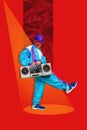 Vertical creative collage young headless sportive man costume dance holding boombox audio player music listener