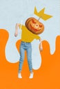 Vertical creative collage of zombie person hands taped hanging carved pumpkin instead head isolated on drawing Royalty Free Stock Photo