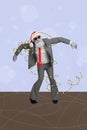 Vertical creative composite abstract collage photo of funny man in santa claus costume wrapped in garland isolated