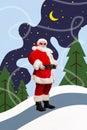 Vertical creative composite collage photo of santa hold hands on waist get ready for deliver presents isolated on