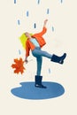 Vertical creative composite illustration photo collage of good mood woman hold maple leaf dancing in rain isolated