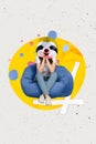 Vertical creative composite illustration photo collage of headless girl animal instead of head sit on pouf 