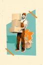 Vertical creative composite illustration photo collage of young courier hold boxes packages with plants isolated on