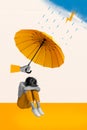 Vertical creative composite photo collage of arm hold parasol cover upset depressed woman from rain isolated on drawing