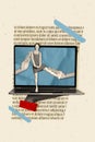 Vertical creative composite photo collage of good mood positive girl dancing in laptop screen read post isolated on
