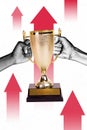 Vertical creative composite photo collage of hands holding champion goblet take first place in competition isolated