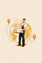 Vertical creative composite photo collage of happy courier hold package boxes deliver over world isolated on beige color Royalty Free Stock Photo