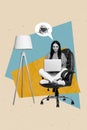 Vertical creative composite photo collage of tired woman working late on laptop sitting near lamp at home isolated Royalty Free Stock Photo