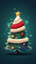 vertical creative 3D knitted Christmas tree made of threads, decorated with balls and toys on a plain background with