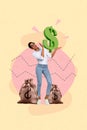 Vertical creative drawing collage photo picture artwork of happy girl hold dollar figure rejoice income isolated on Royalty Free Stock Photo