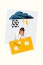 Vertical creative illustration of young man collage hands cover face rainy weather stressful job no inspiration isolated