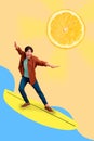 Vertical creative image of carefree positive person surfing orange instead sun isolated on drawing background Royalty Free Stock Photo
