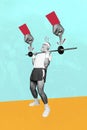 Vertical creative image picture collage senior man pensioner lifting barbells hard kilogram weight power muscles