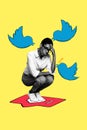 Vertical creative image poster sitting depressed sad young girl unpopular twitter messenger social network communication