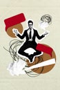 Vertical creative magazine collage of calm businessman do yoga meditation balance break multitask crumpled paper text