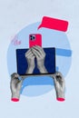 Vertical creative magazine collage of hands hold macbook phone social media technology app text box internet online