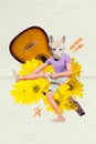 Vertical creative metaphor picture collage wolf head wild animal guitarist player enjoy springtime freedom isolated on