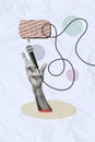 Vertical creative photo artwork composite collage of hand holding microphone talking speech on stage isolated on