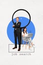 Vertical creative photo collage business people man in office suit with woman looking for job big magnifying glass on Royalty Free Stock Photo