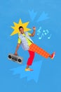 Vertical creative photo collage of happy funny carefree positive guy hold boom box dancing having fun isolated on blue Royalty Free Stock Photo