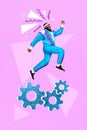 Vertical creative photo collage of motivated crazy inspired guy run to get good shape cogwheels isolated on pink color