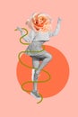 Vertical creative photo collage of positive funny good mood headless girl dancing flower instead of head isolated on