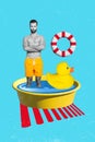 Vertical creative photo collage of shirtless man rescuer trainer standing hands crossed in swimming pool isolated on