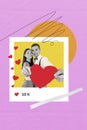 Vertical creative photo collage of two embracing lovers hold red paper heart post on instagram like share repost blog on