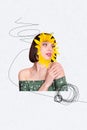 Vertical creative photo collage young posing portrait woman sunflower spring march holiday yellow blossom flourish