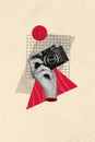 Vertical creative photo composite collage of hand hold vintage camera making pictures in social media isolated on beige