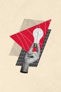 Vertical creative photo composite collage of human hand holding lightbulb searching for business ideas isolated on